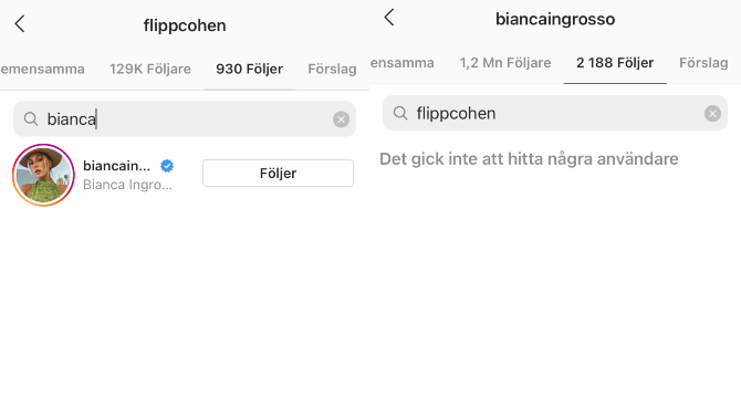 Bianca har avföljt Phillipe på Instagram