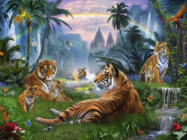 Tapet med tigrar och vattenfall