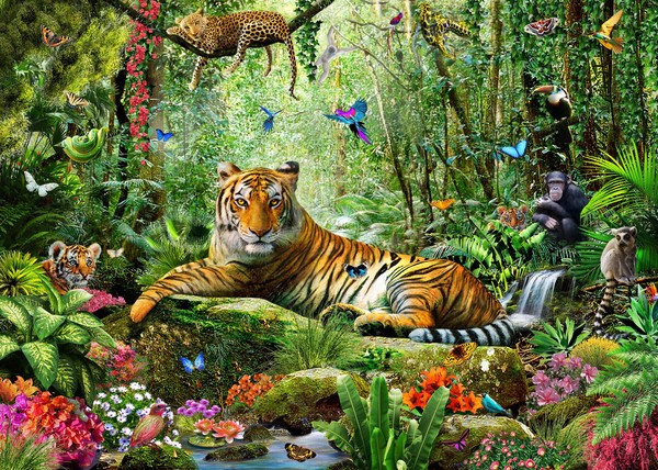 Tiger tapet med djur och djungel