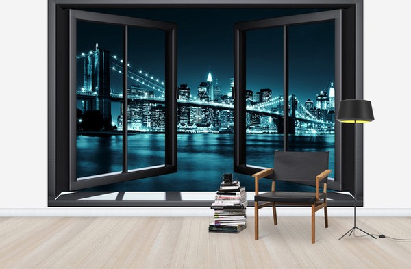 Fönster Tapet 3D Effekt Fototapet Tapeter New York Brooklyn Bridge