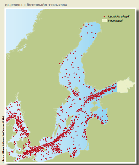 Dokumenterade oljespill i Östersjön 1998–2004.
