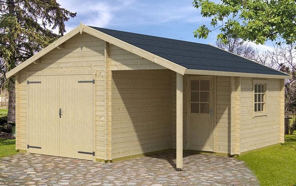 Billig Gargare Byggsats Pris Polhus Garage Nevis 22 m2 och 9 m2 förråd med trädörr