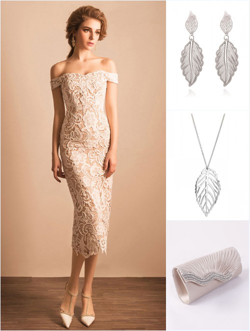 robe de fiançaille blanche fourreau, bijoux et sac