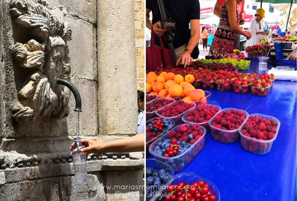 Dubrovnik - vattenfontäner och marknad / drinking fountains and fruit market