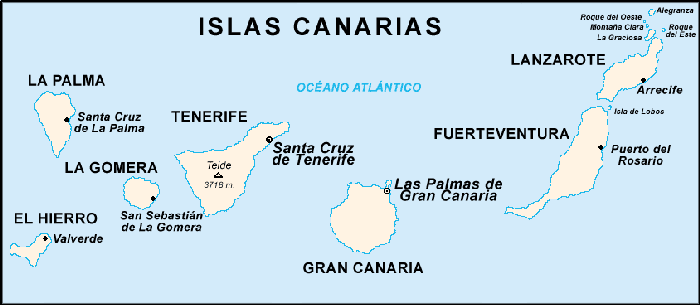 Kanarieöarna: Teneriffa, Gran Canaria, Fuerteventura, Lanzarote, La Palma, La Gomera, El Hierro, Alegranza, La Graciosa, Isla de Lobos, Montaña Clara, Roque del Este och Roque del Oeste
