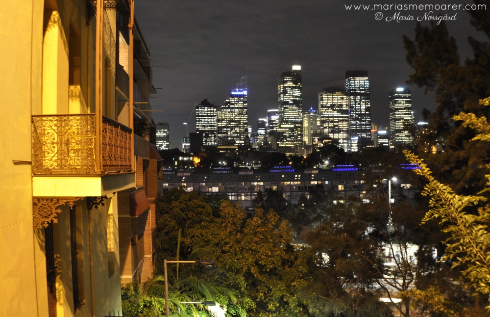 nattfotografering i Sydney, skyskrapor sett från Potts Point