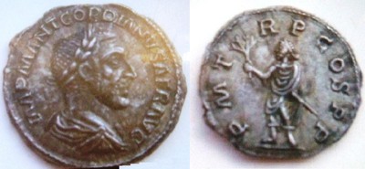 Mynt föreställande den romerske kejsaren Gordianus I, präglat 238 e Kr.  På framsidan av silvermyntet står IMP M ANT GORDIANVS AFR AVG, alltså Imperator Marcus Antonius Gordianus Africanus, lagerkrönt och draperad, med ansiktet åt höger. På baksidan av myntet står PMTRPCOSPP, såsom på många romerska mynt, har nog med valör att göra. Man stående till vänster, håller en gren med ena handen och en spira i den andra. 