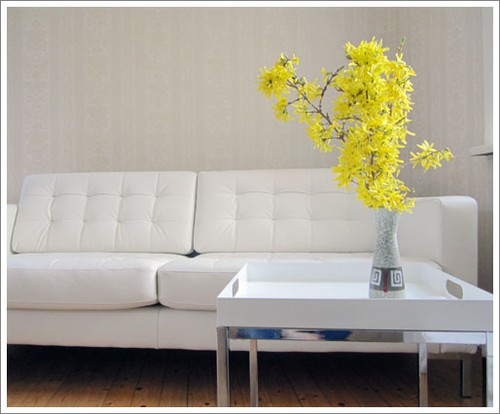 Blommande Forsythia, soffa från Ikea, bord från Mio