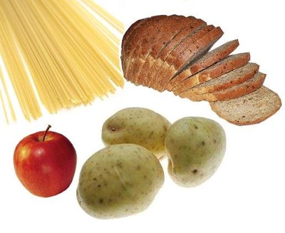 pasta, ris, bröd, socker, frukt, flingor, bullar, potatis, couscous etc   